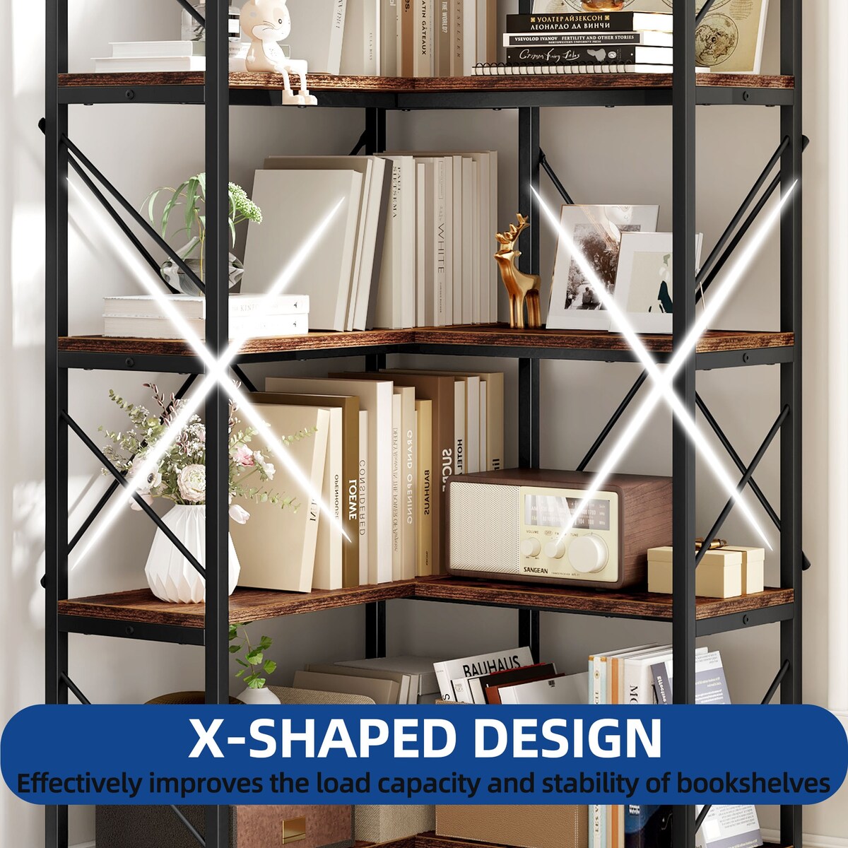 Moasis Industrial 5 Tier Corner Bookshelf Large 65 Inches Bookcase Display Corner Shelf