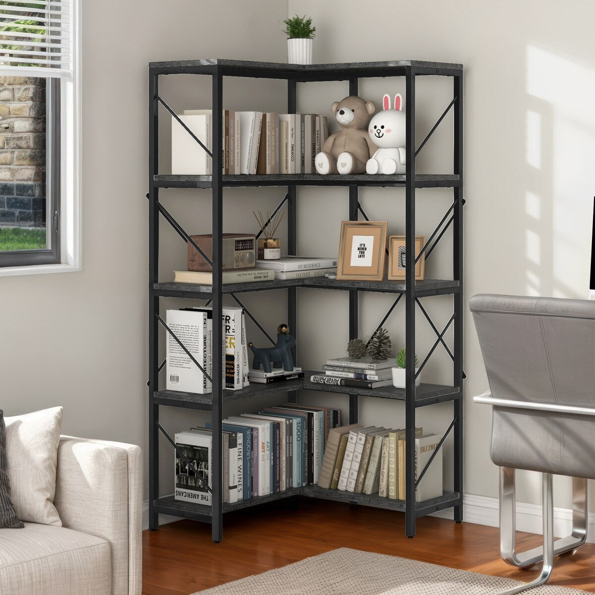 Moasis Industrial 5 Tier Corner Bookshelf Large 65 Inches Bookcase Display Corner Shelf