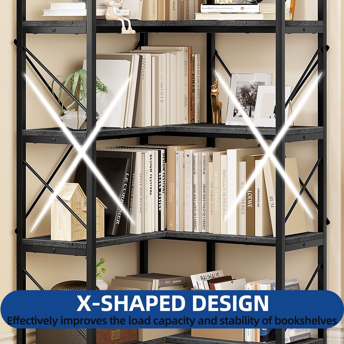 Moasis Industrial 5 Tier Corner Bookshelf Large 65 Inches Bookcase Display Corner Shelf