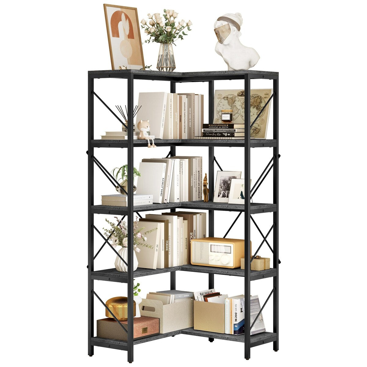 Moasis Industrial 5 Tier Corner Bookshelf Large 65 Inches Bookcase Display Corner Shelf