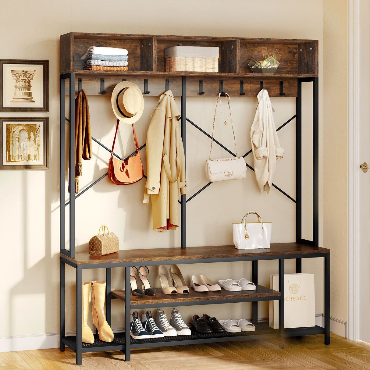 Moasis Industrial Entryway Bench with Coat Rack, 5-in-1 Hall Tree with Shoes Storage