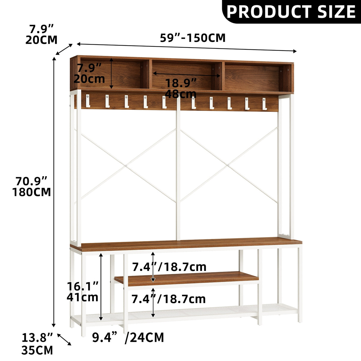 Moasis Industrial Entryway Bench with Coat Rack, 5-in-1 Hall Tree with Shoes Storage