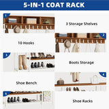 Moasis Industrial Entryway Bench with Coat Rack, 5-in-1 Hall Tree with Shoes Storage