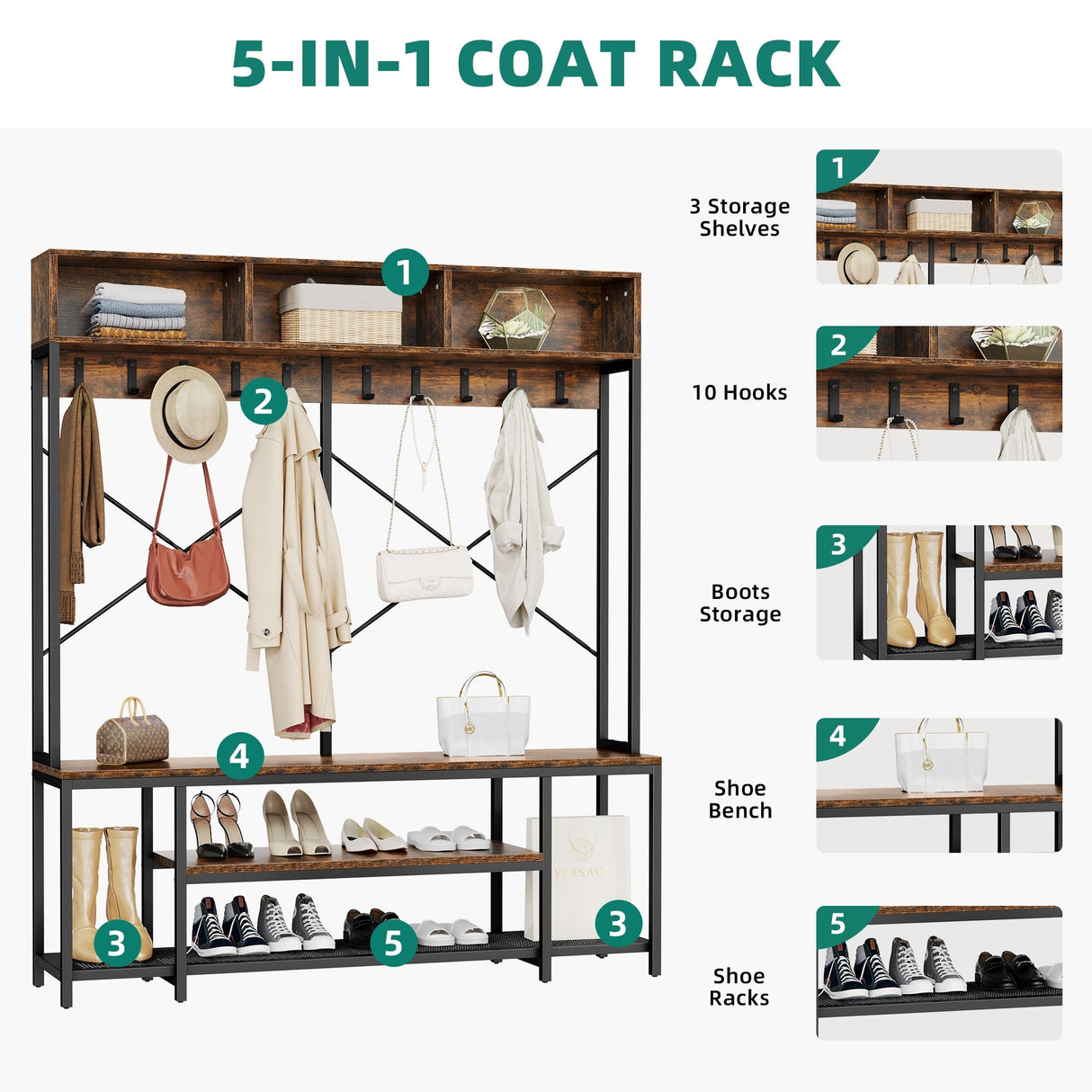 Moasis Industrial Entryway Bench with Coat Rack, 5-in-1 Hall Tree with Shoes Storage