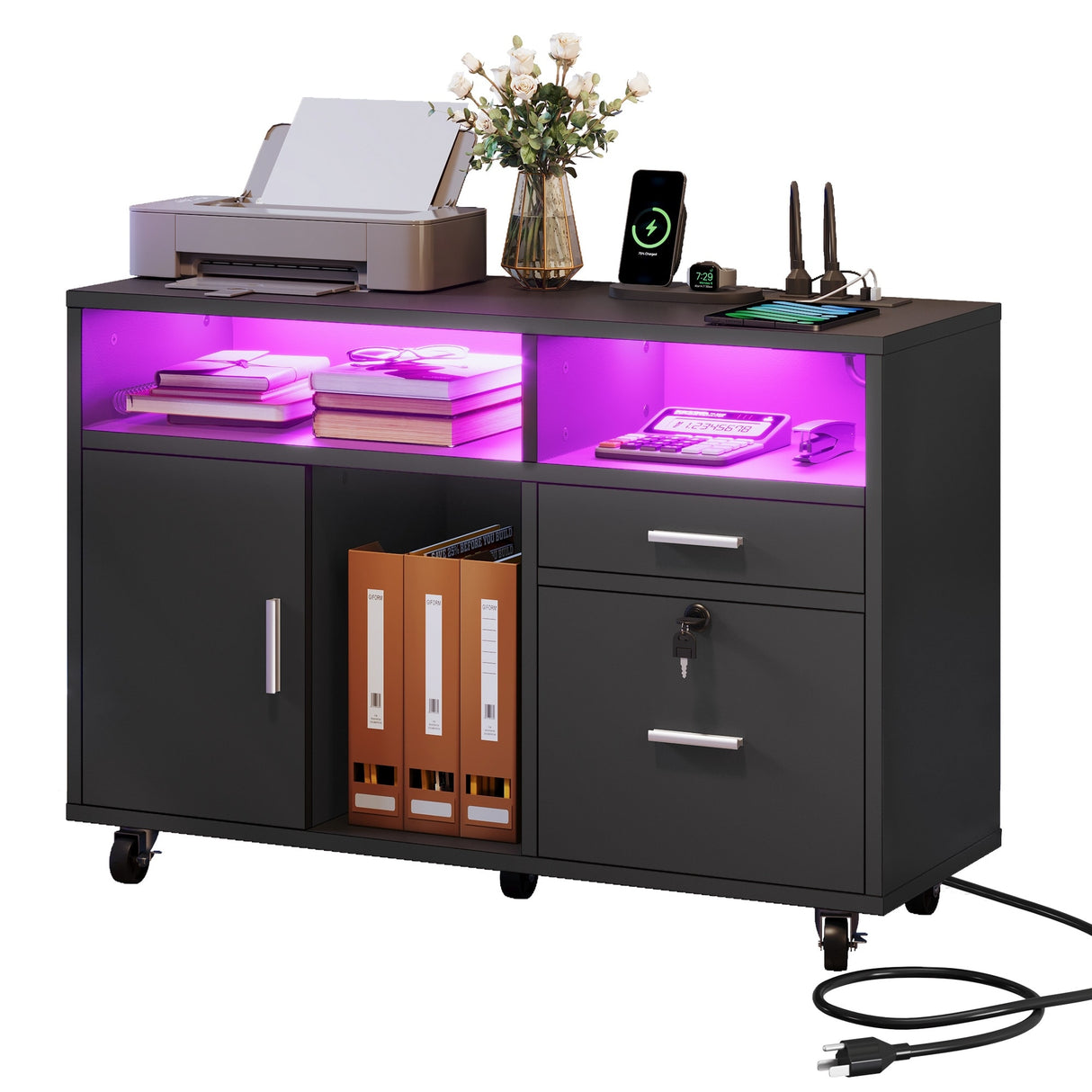 Moasis LED File Cabinet for Home Office Lateral Filing Cabinets with 2 Drawers