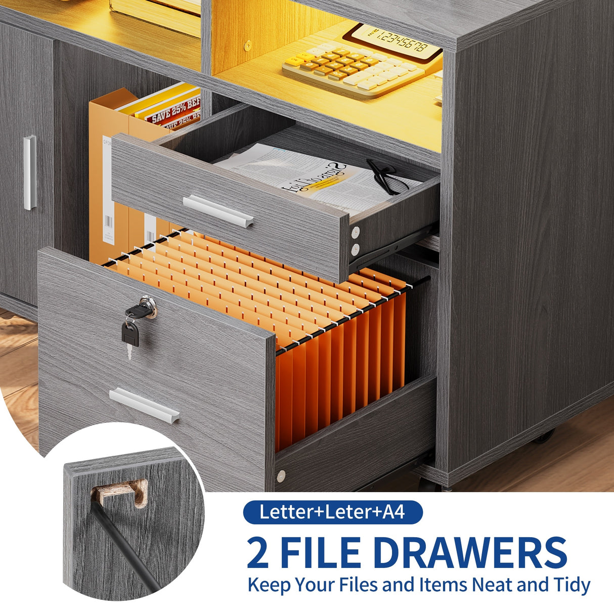 Moasis LED File Cabinet for Home Office Lateral Filing Cabinets with 2 Drawers