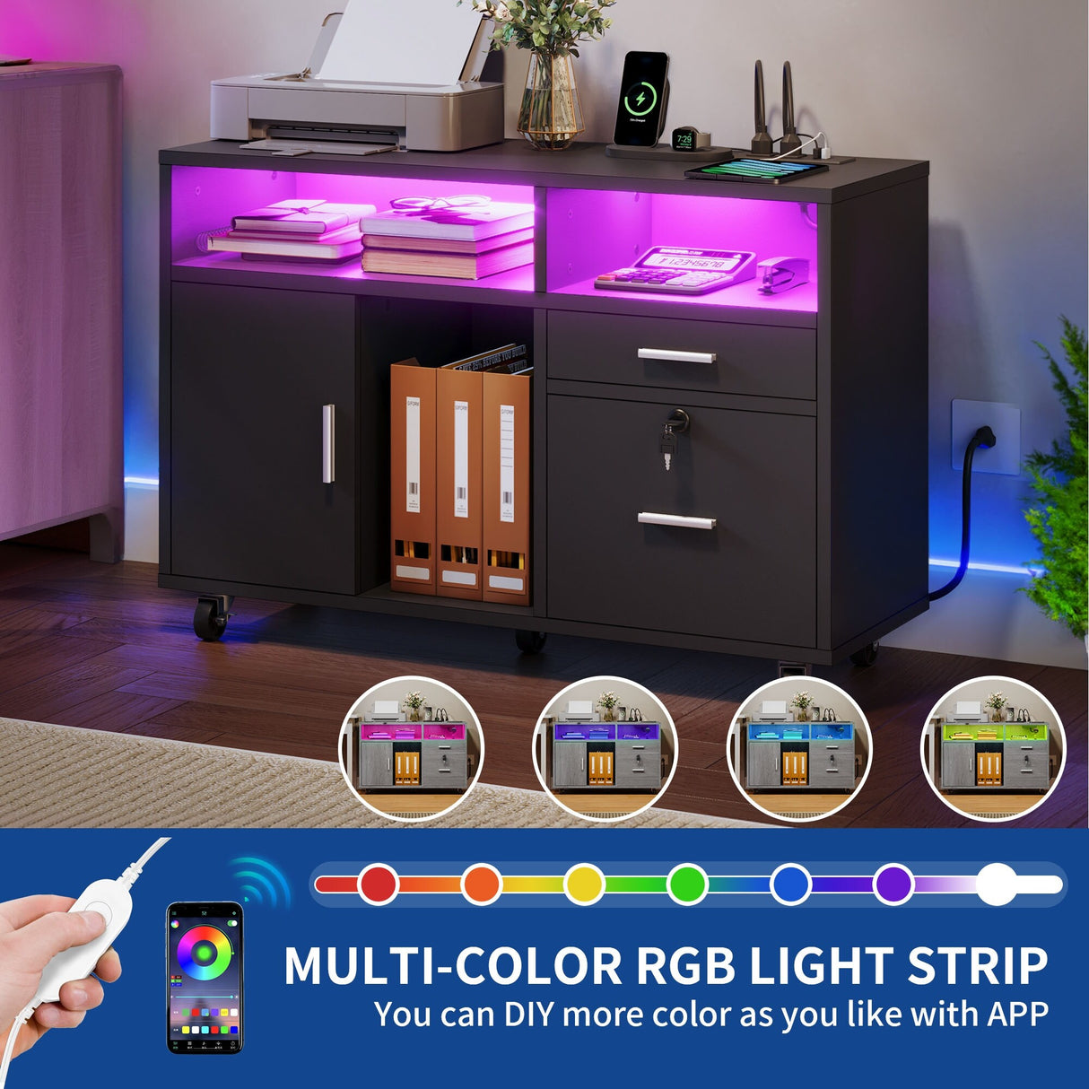 Moasis LED File Cabinet for Home Office Lateral Filing Cabinets with 2 Drawers