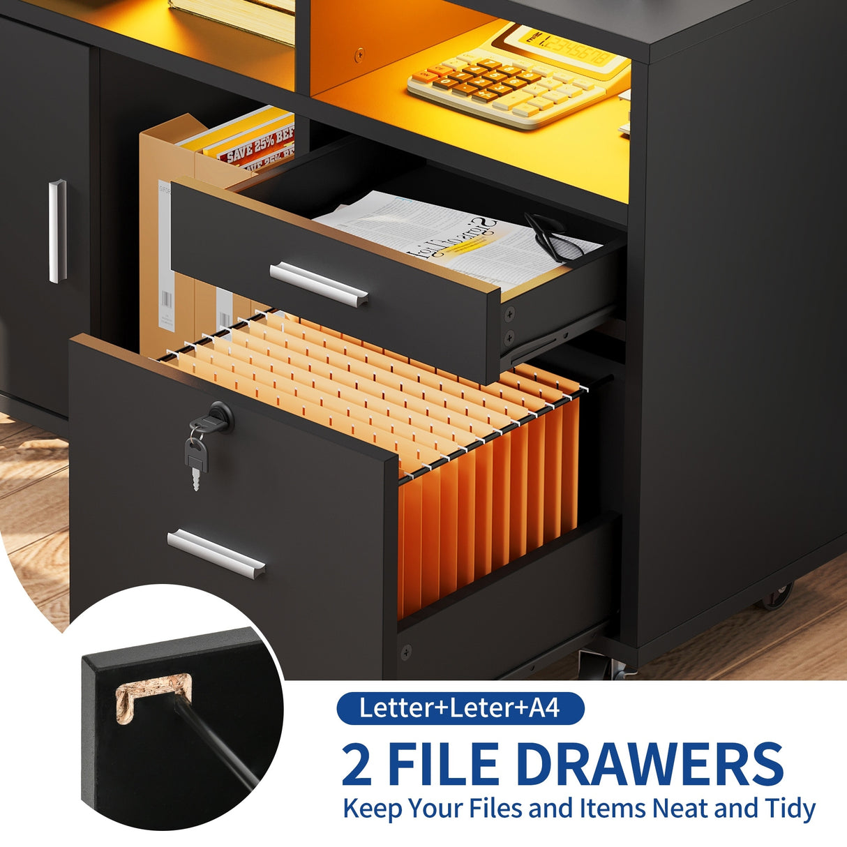 Moasis LED File Cabinet for Home Office Lateral Filing Cabinets with 2 Drawers