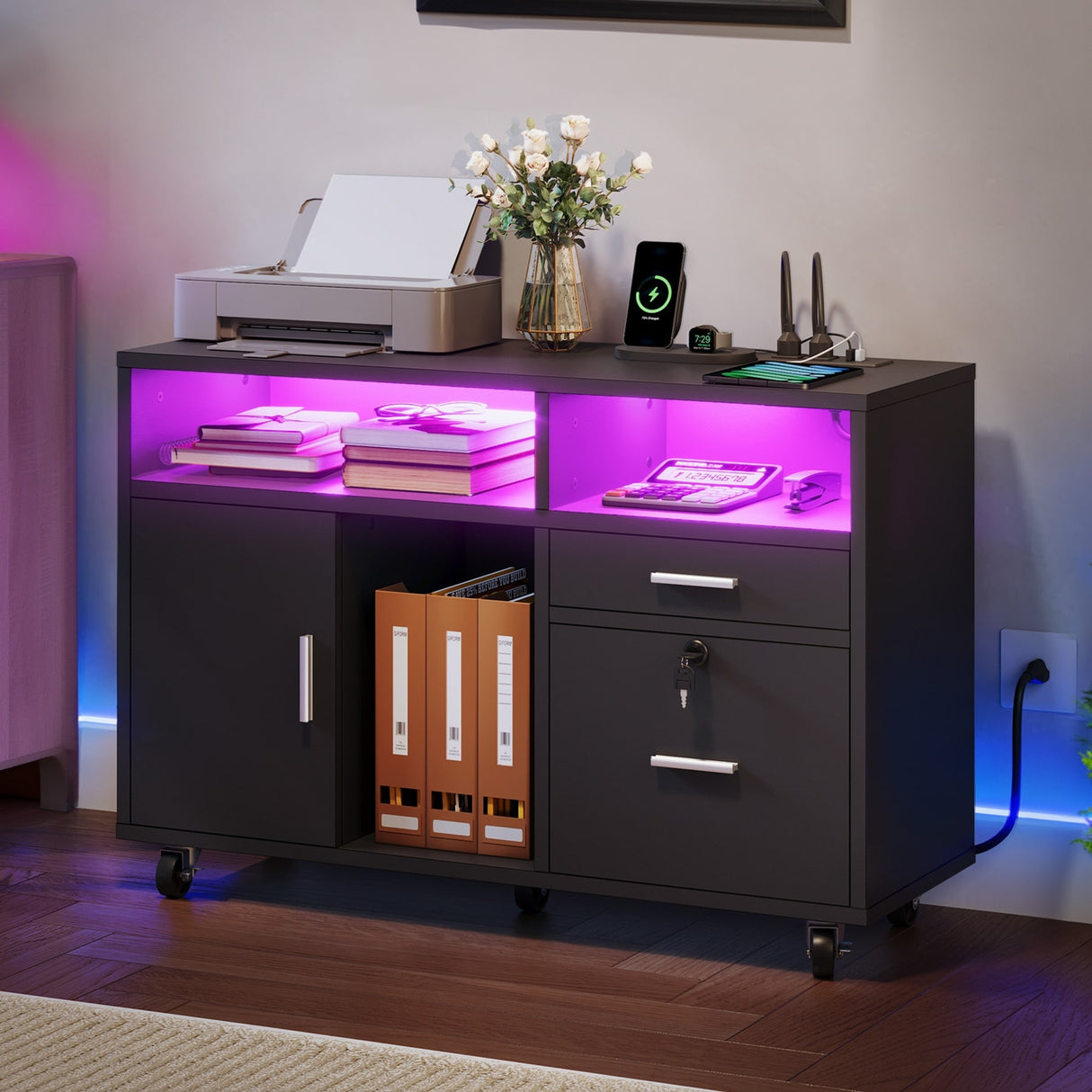 Moasis LED File Cabinet for Home Office Lateral Filing Cabinets with 2 Drawers