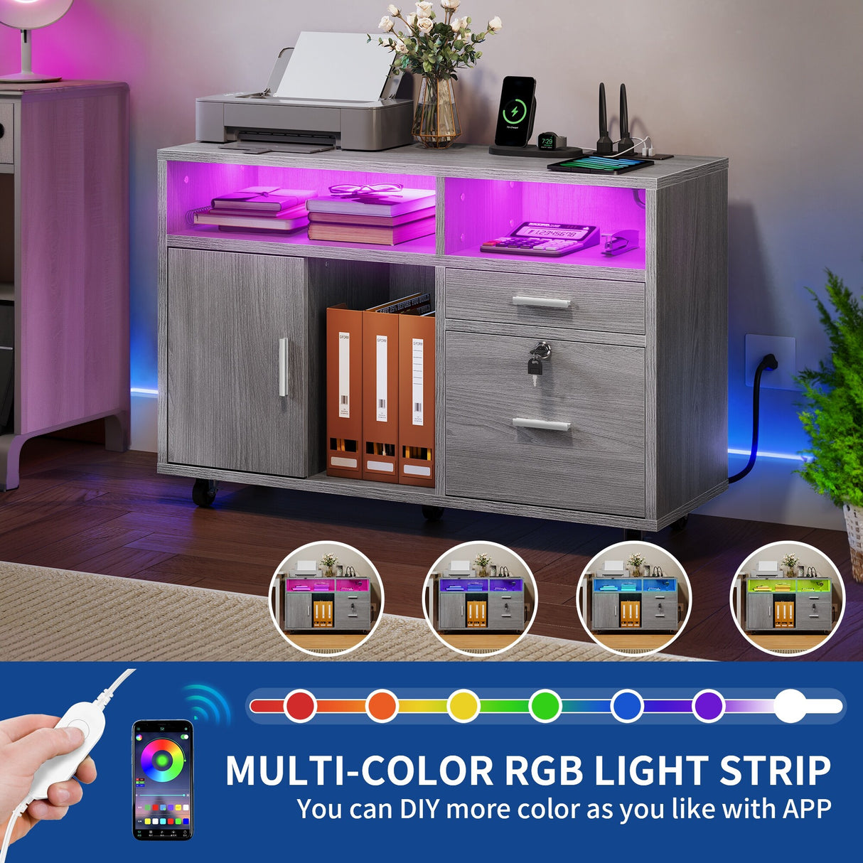 Moasis LED File Cabinet for Home Office Lateral Filing Cabinets with 2 Drawers