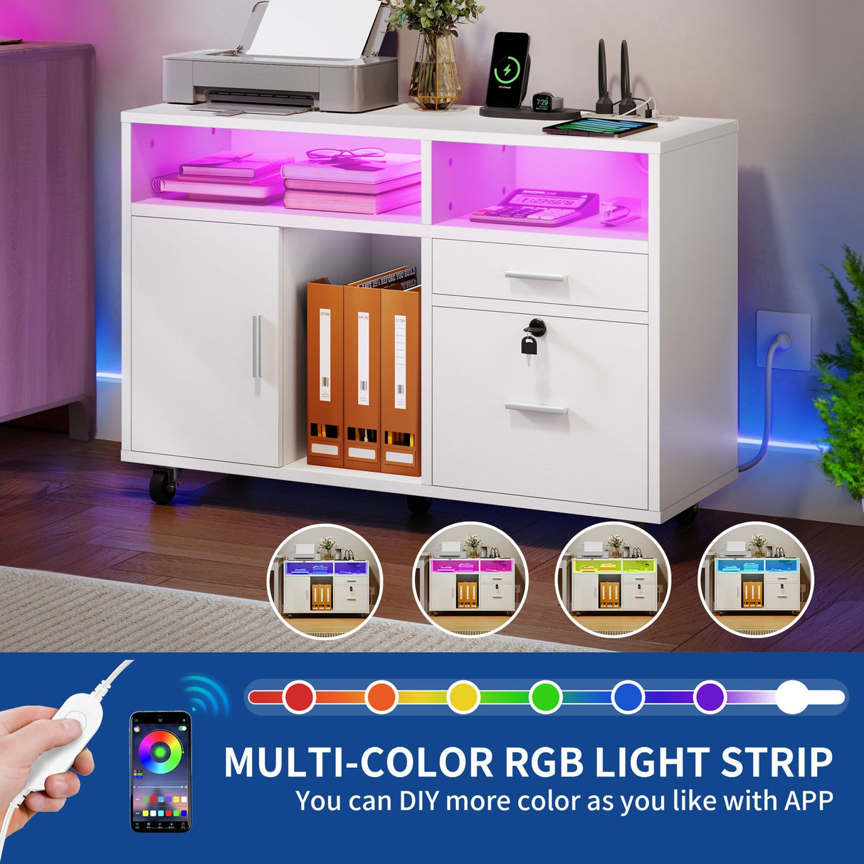 Moasis LED File Cabinet for Home Office Lateral Filing Cabinets with 2 Drawers