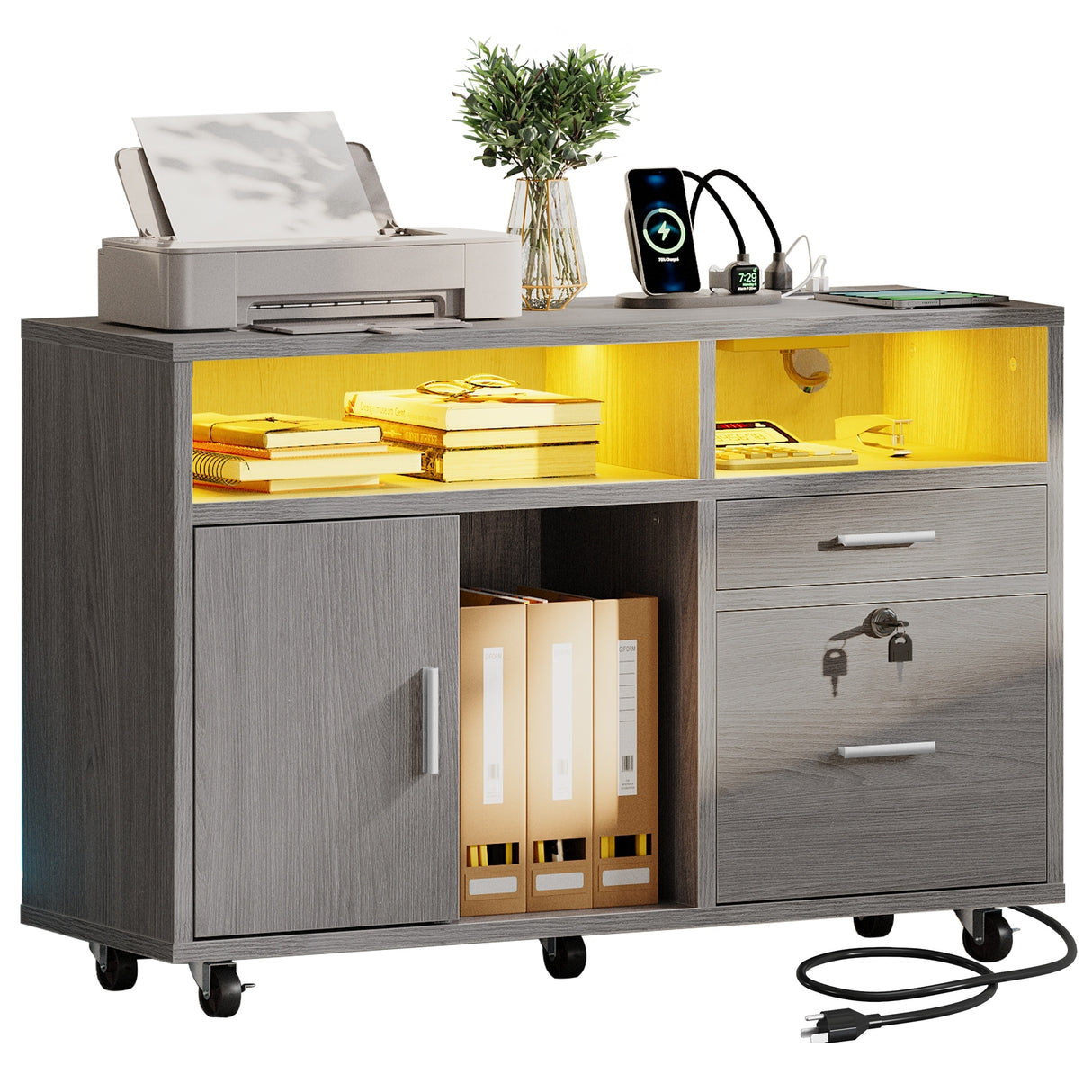 Moasis LED File Cabinet for Home Office Lateral Filing Cabinets with 2 Drawers