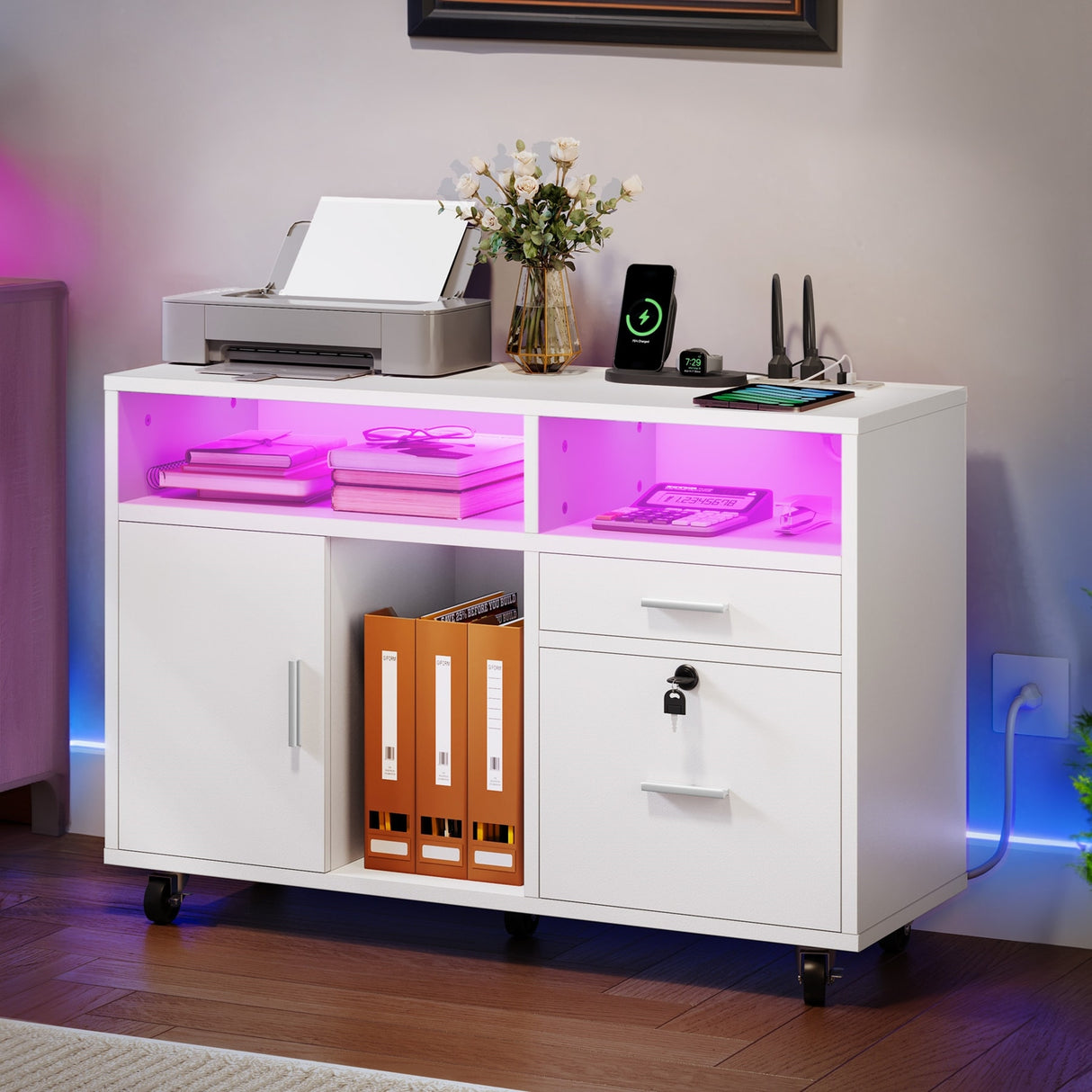 Moasis LED File Cabinet for Home Office Lateral Filing Cabinets with 2 Drawers