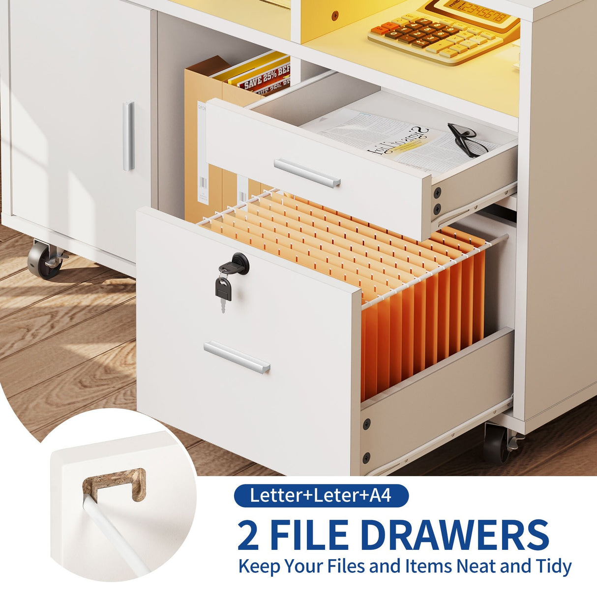Moasis LED File Cabinet for Home Office Lateral Filing Cabinets with 2 Drawers