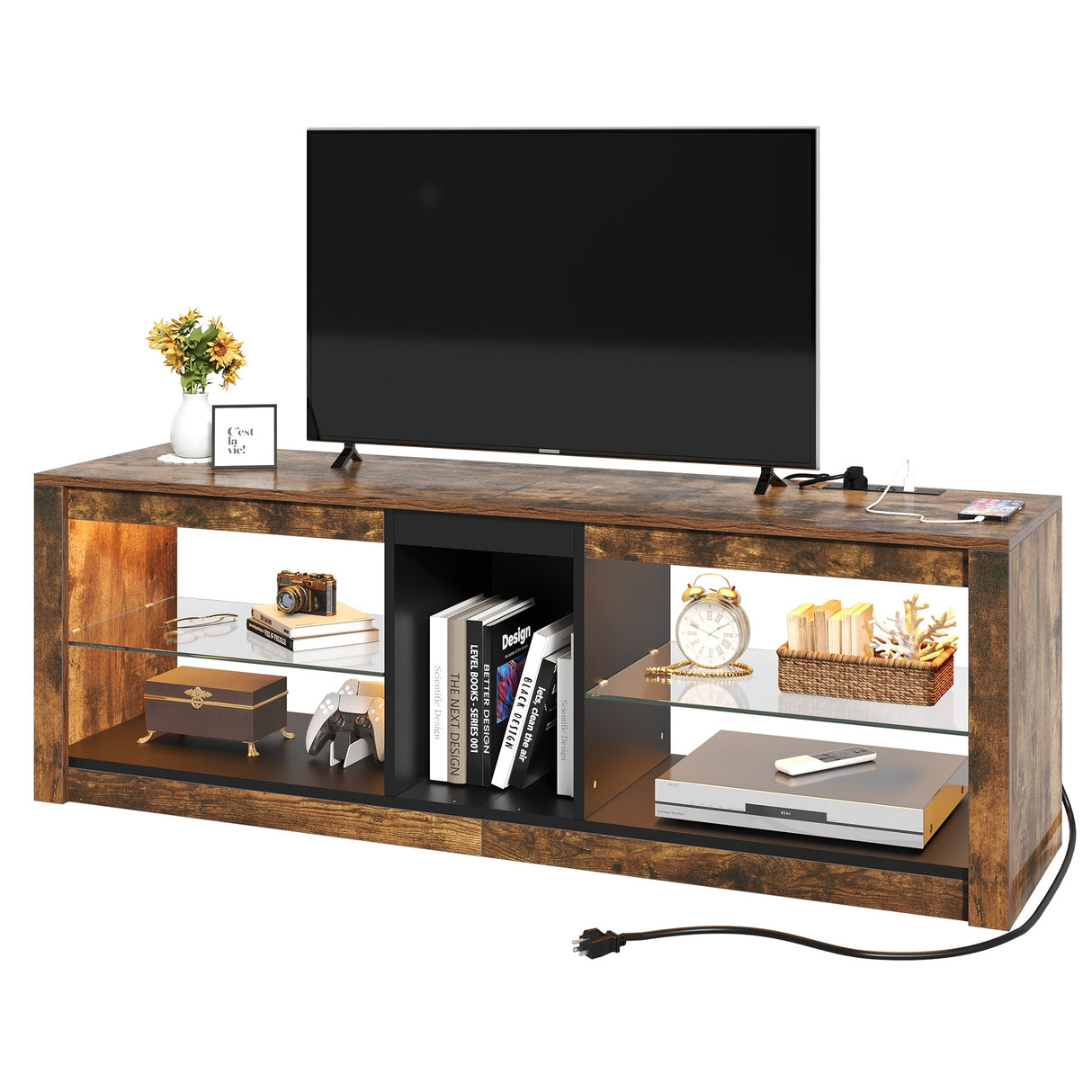 Moasis LED RGB TV Stand w/ Power Outlets for TVs up to 55/60" Entertainment Center with Glass Shelves