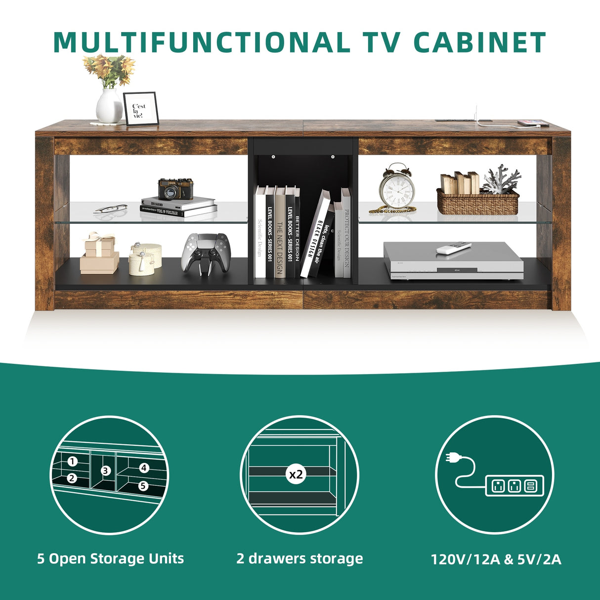 Moasis LED RGB TV Stand w/ Power Outlets for TVs up to 55/60" Entertainment Center with Glass Shelves