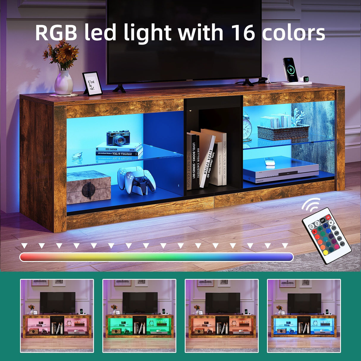 Moasis LED RGB TV Stand w/ Power Outlets for TVs up to 55/60" Entertainment Center with Glass Shelves