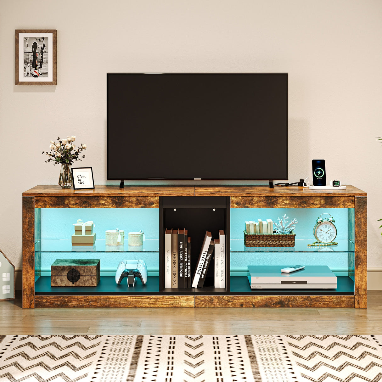 Moasis LED RGB TV Stand w/ Power Outlets for TVs up to 55/60" Entertainment Center with Glass Shelves