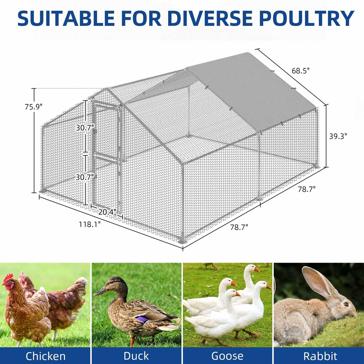 Moasis Large Metal Chicken Coop Cage with Cover Poultry Fence Outdoor,Poultry Cage for Rabbits Goose Ducks