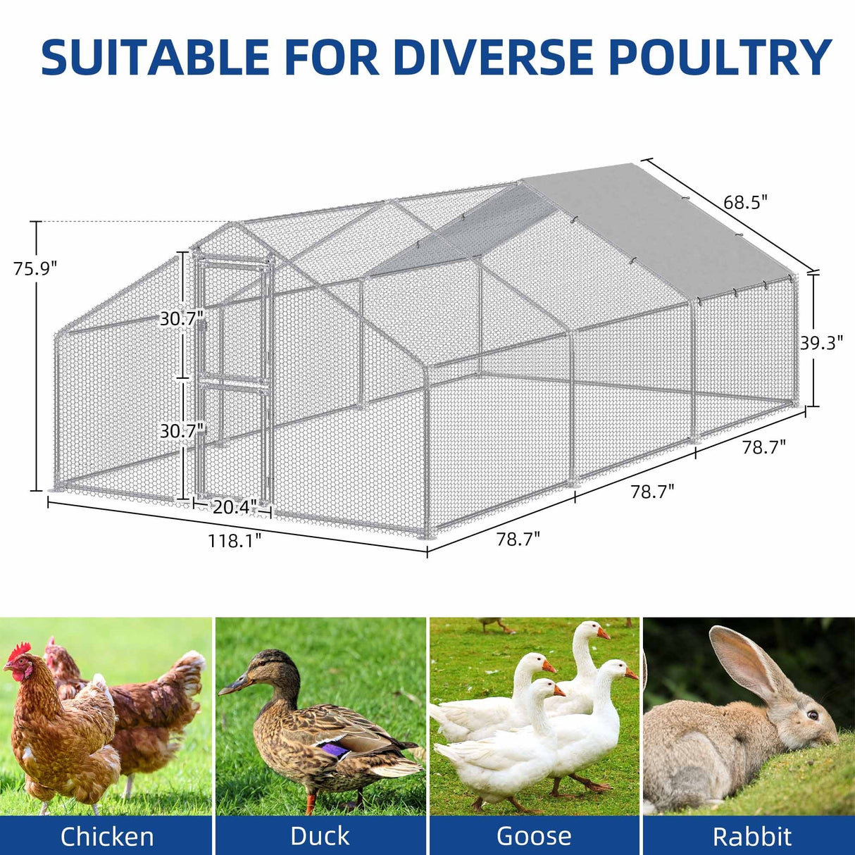 Moasis Large Metal Chicken Coop Cage with Cover Poultry Fence Outdoor,Poultry Cage for Rabbits Goose Ducks