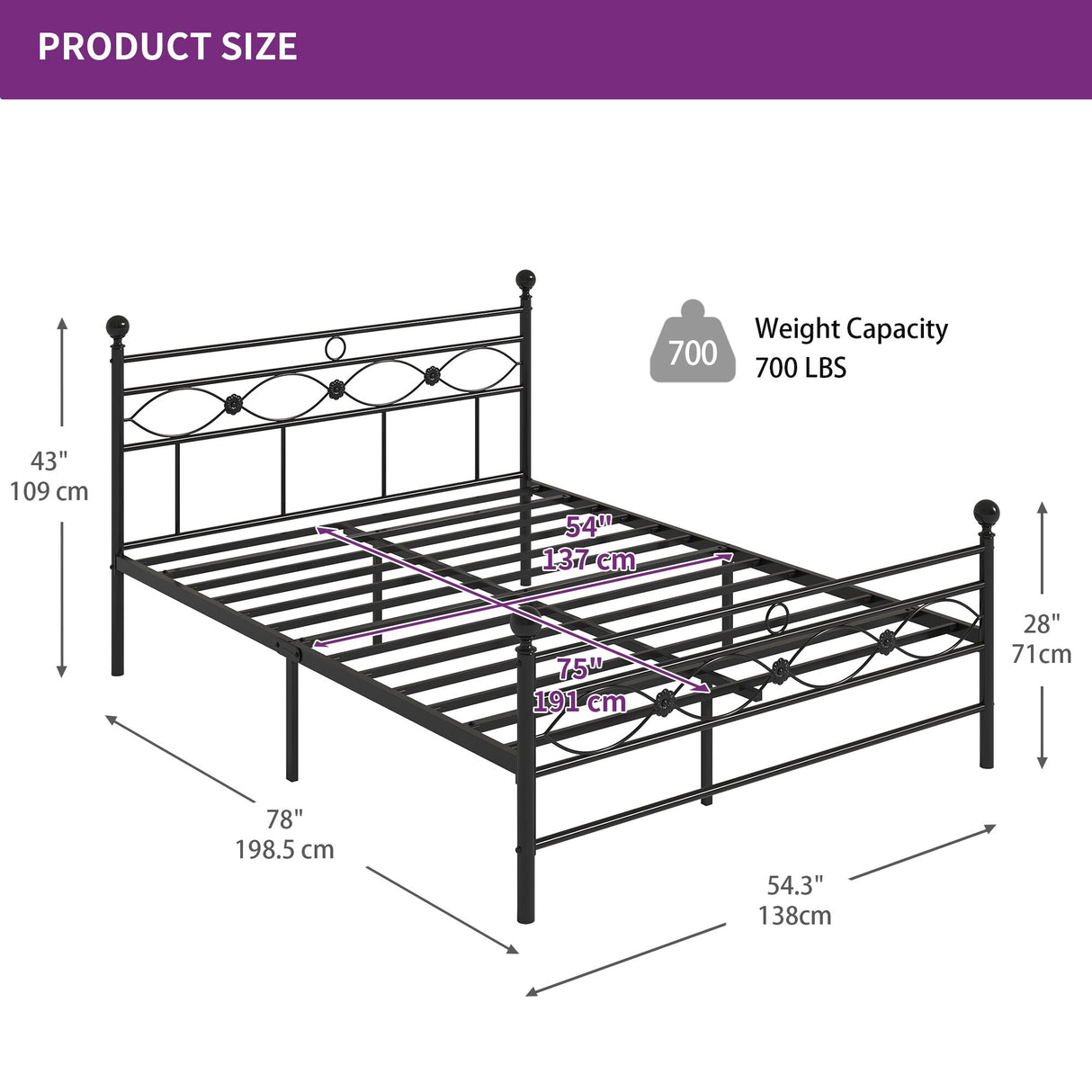 Moasis Modern Black Metal Platform Bed Frame, No Box Spring Needed Full/Queen Size