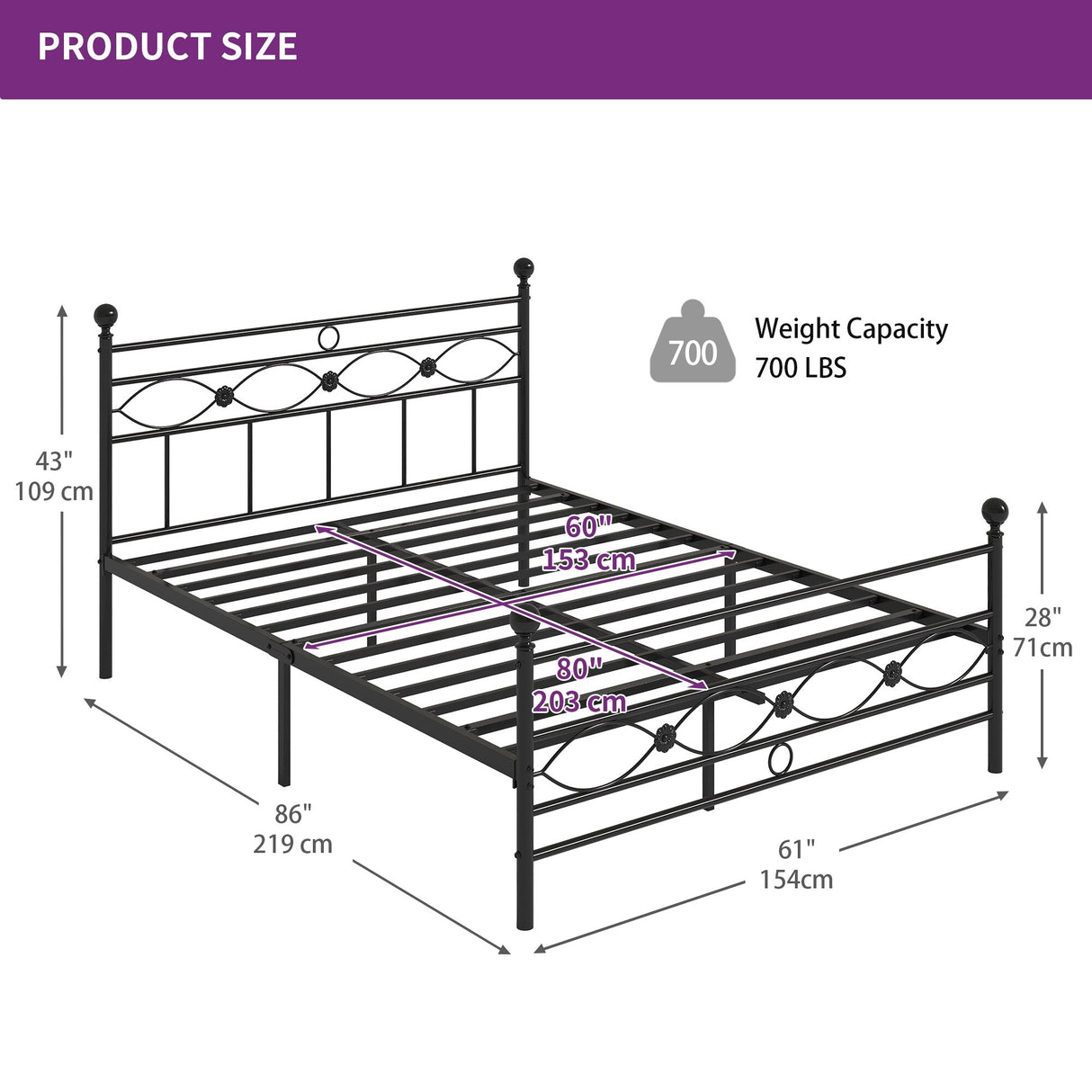 Moasis Modern Black Metal Platform Bed Frame, No Box Spring Needed Full/Queen Size