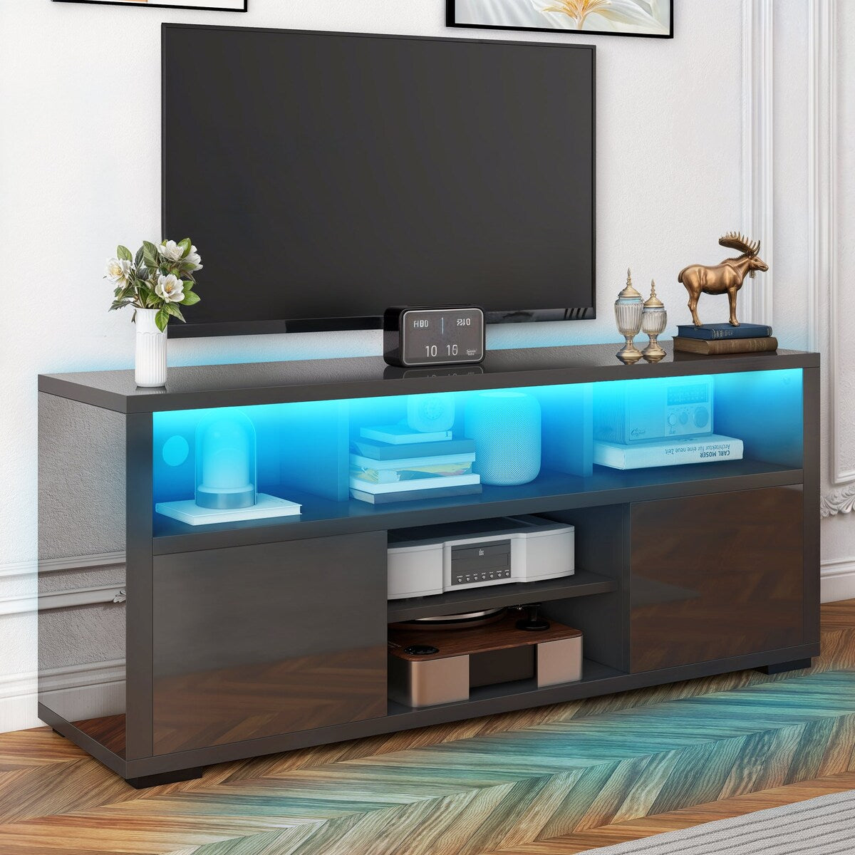 Moasis Modern Glossy LED TV Stand For TVs up to 70 inches, Entertainment Center & Media Console for Living Room