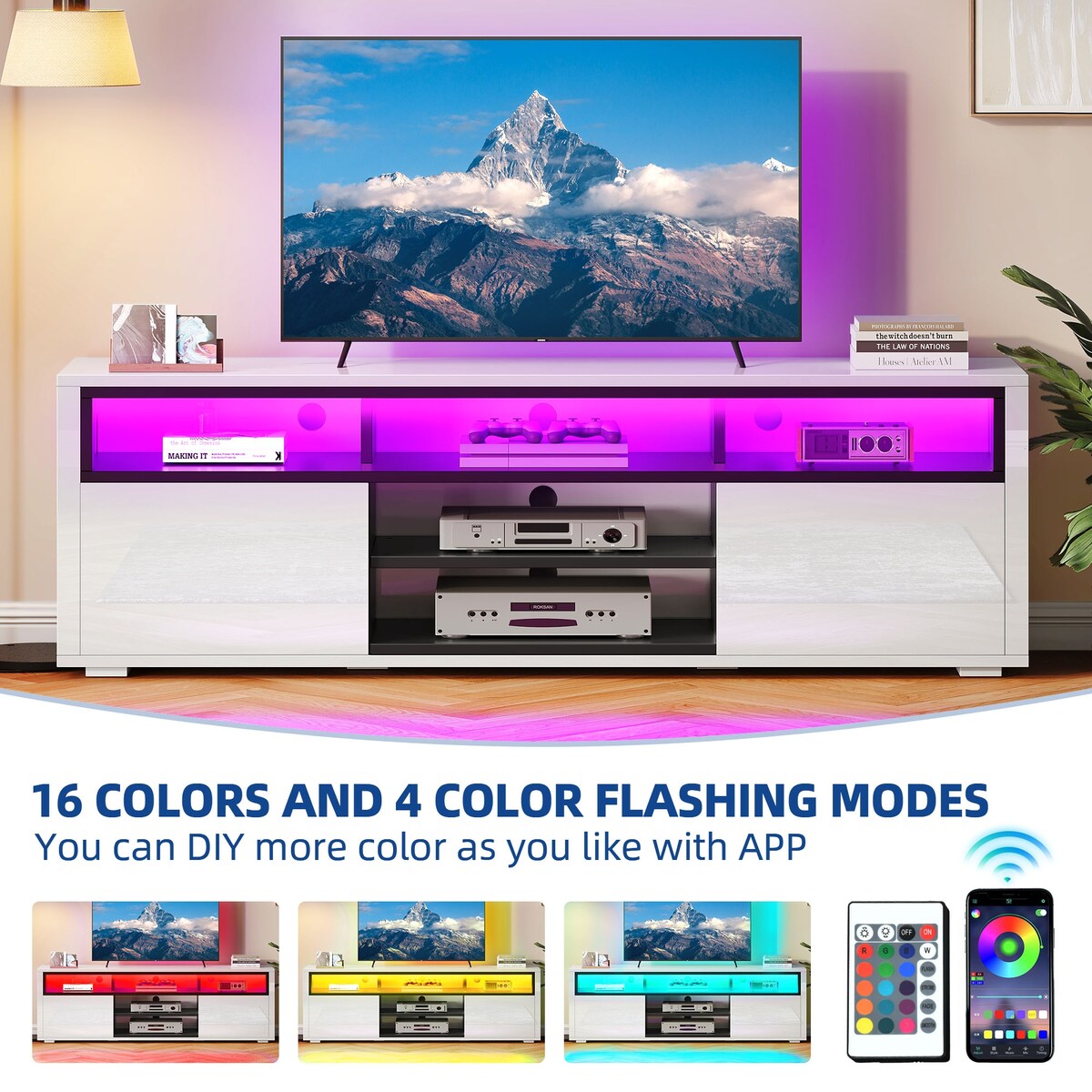 Moasis Modern Glossy LED TV Stand For TVs up to 70 inches, Entertainment Center & Media Console for Living Room