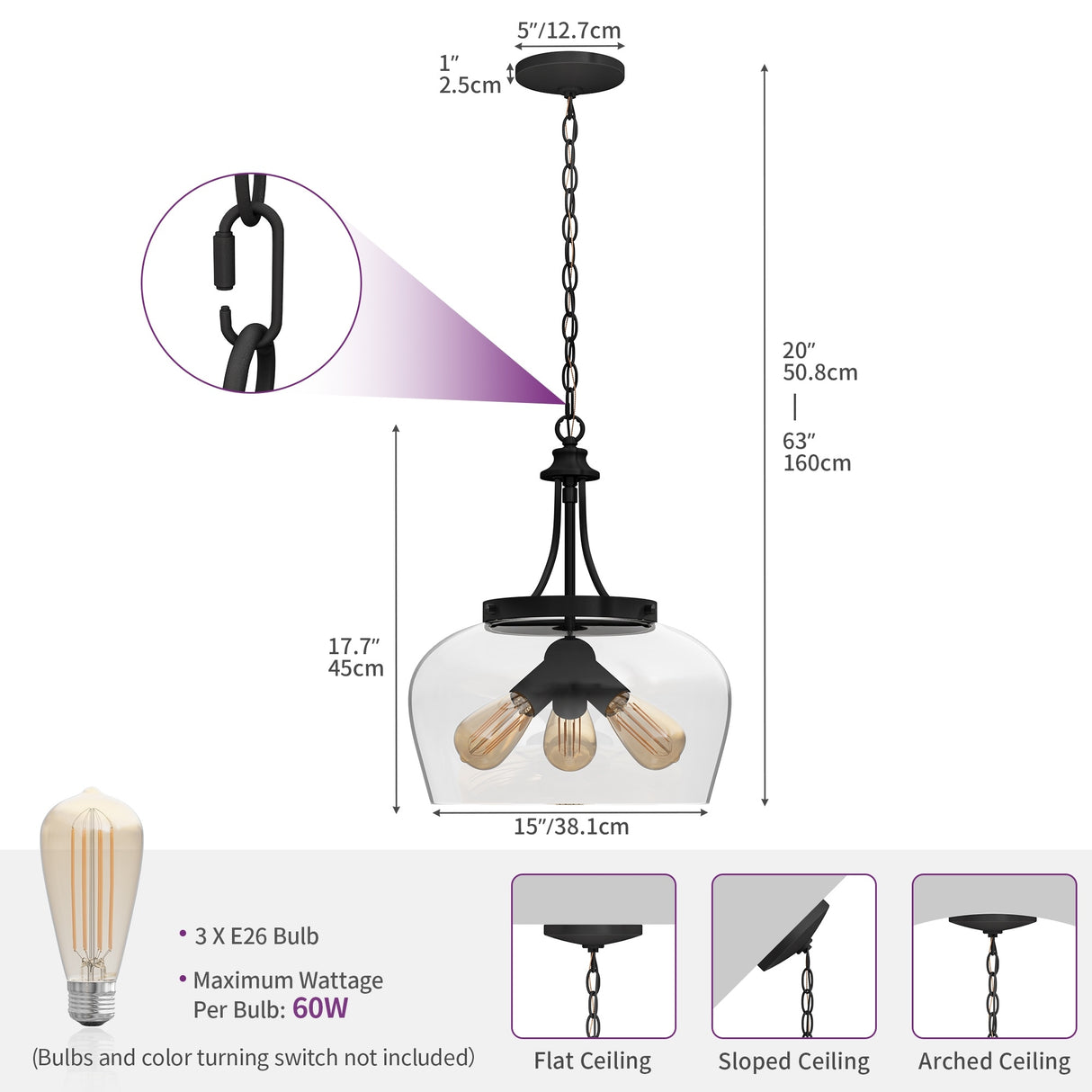 Moasis Modern Industrial 3 Light Pendant lamp - 15"
