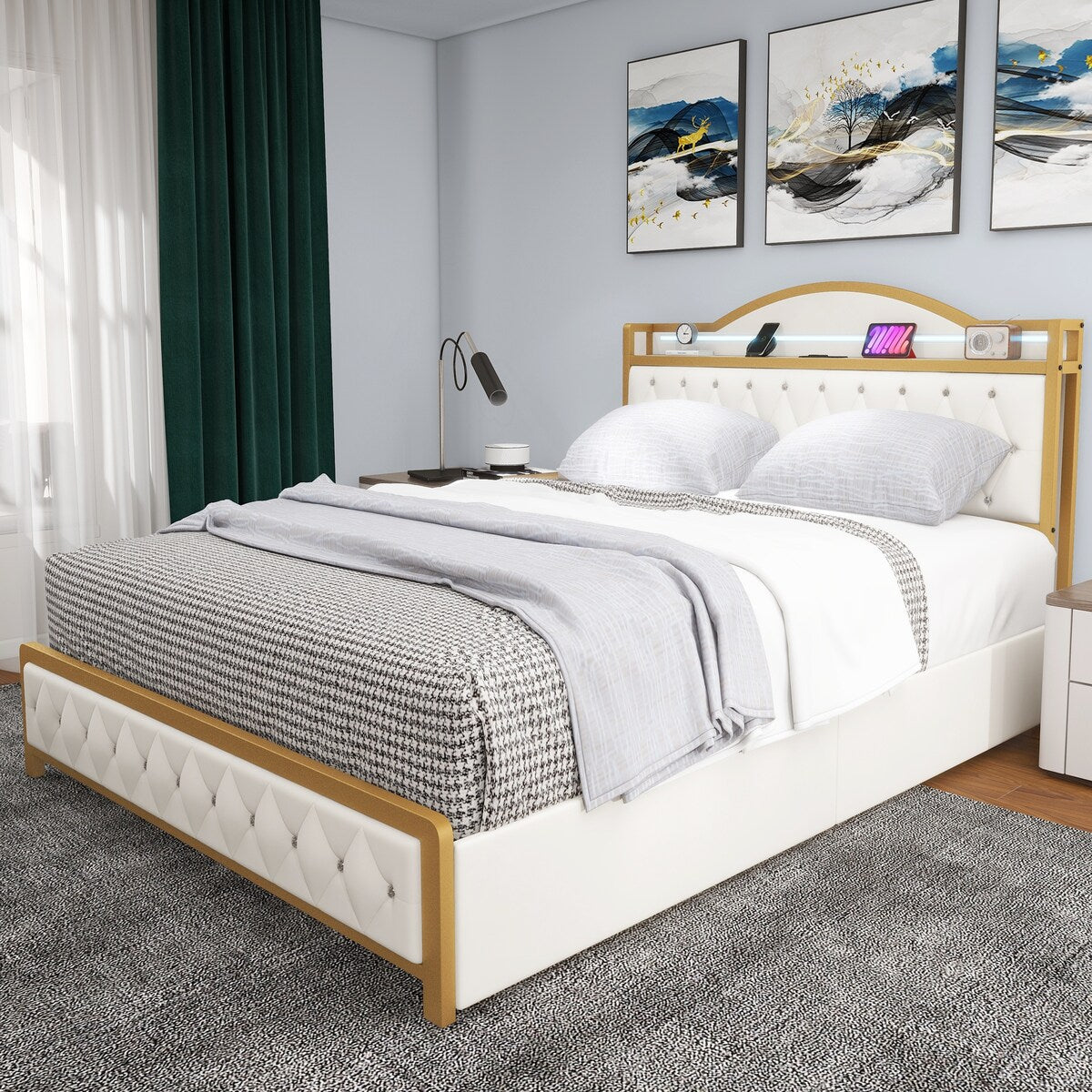 Moasis Queen Platform Bed with Upholstered Headboard