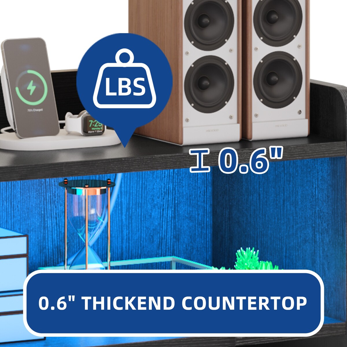 Moasis Record Player Stand, Vinyl Record Storage with Power Outlets and LED Lights, Holds Up to 130 Albums