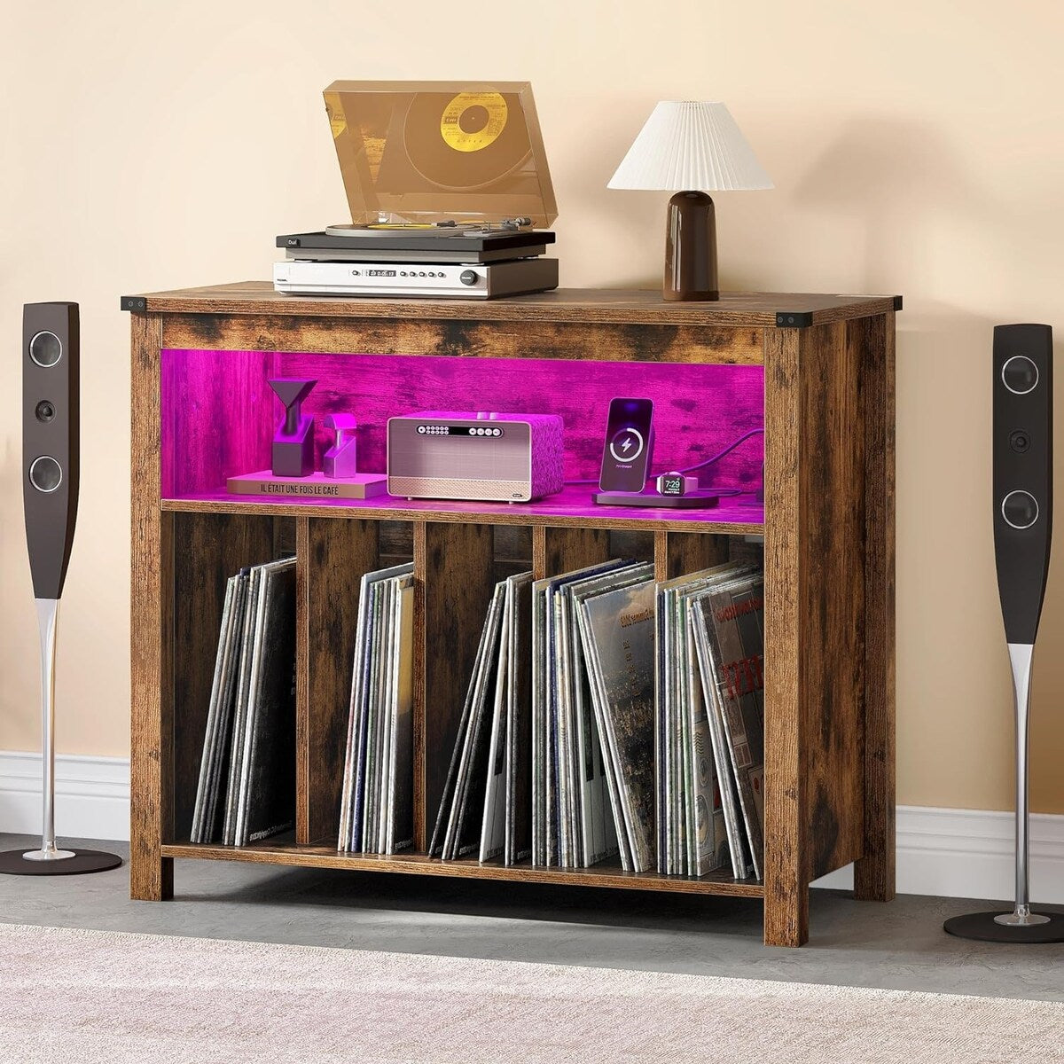 Moasis Record Player Stand, Vinyl Record Storage with Power Outlets and LED Lights, Holds Up to 130 Albums