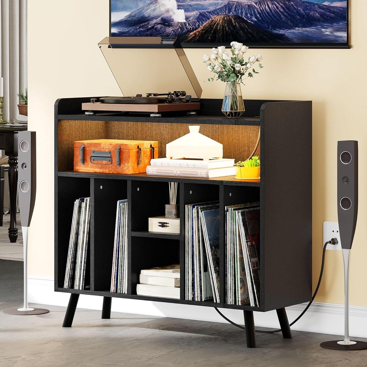 Moasis Record Player Stand, Vinyl Record Storage with Power Outlets and LED Lights, Holds Up to 130 Albums