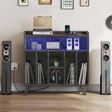 Moasis Record Player Stand, Vinyl Record Storage with Power Outlets and LED Lights, Holds Up to 130 Albums