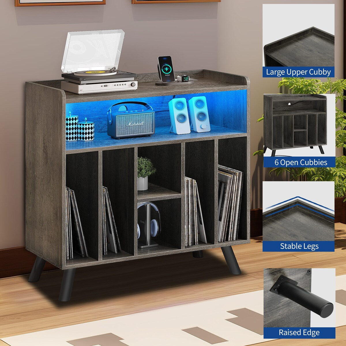 Moasis Record Player Stand, Vinyl Record Storage with Power Outlets and LED Lights, Holds Up to 130 Albums