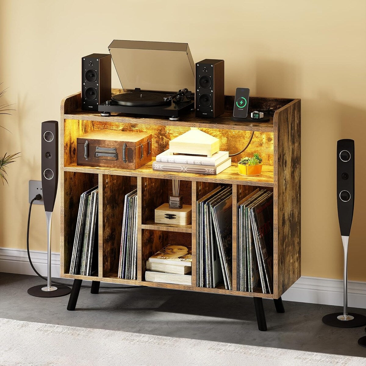 Moasis Record Player Stand, Vinyl Record Storage with Power Outlets and LED Lights, Holds Up to 130 Albums