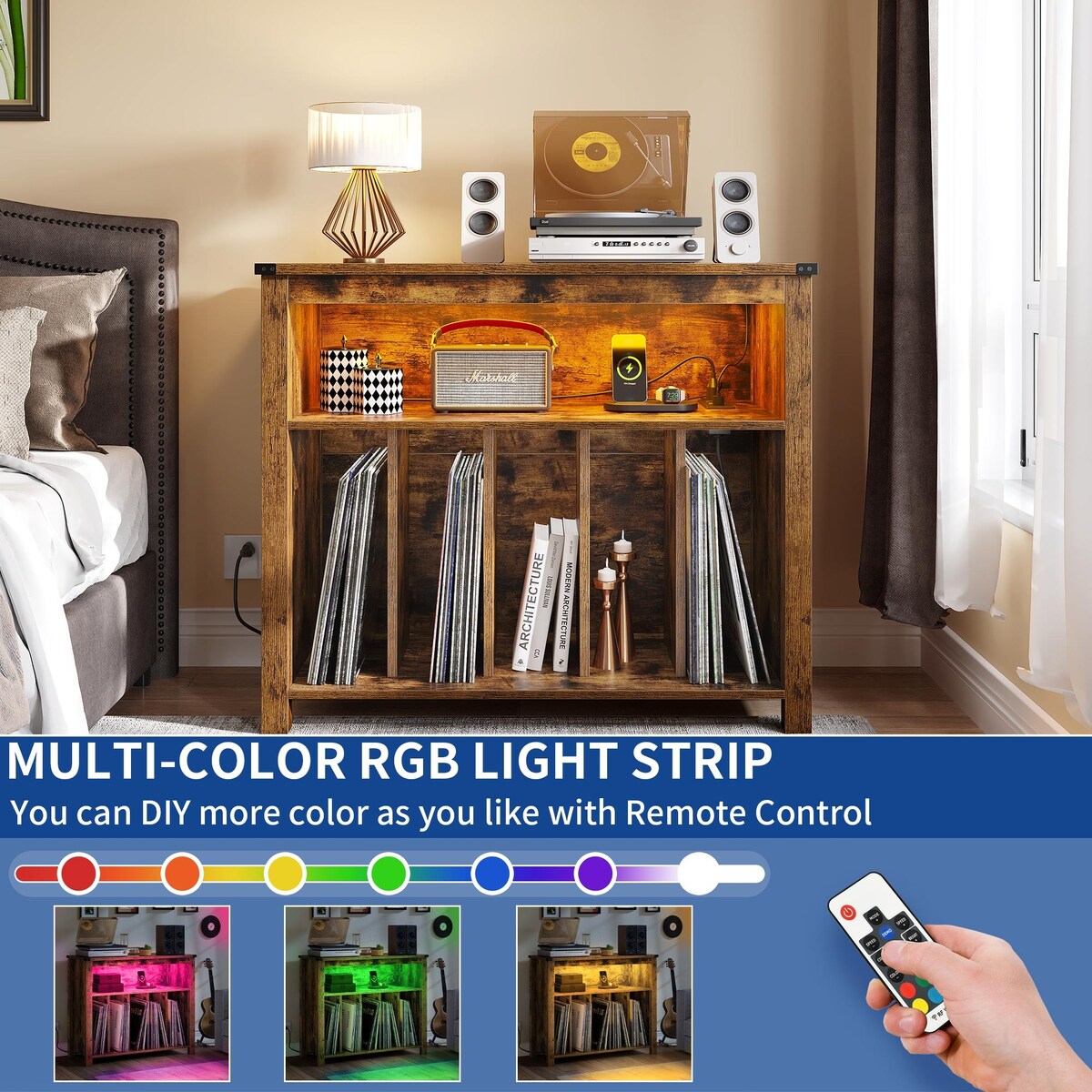 Moasis Record Player Stand, Vinyl Record Storage with Power Outlets and LED Lights, Holds Up to 130 Albums