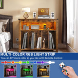 Moasis Record Player Stand, Vinyl Record Storage with Power Outlets and LED Lights, Holds Up to 130 Albums