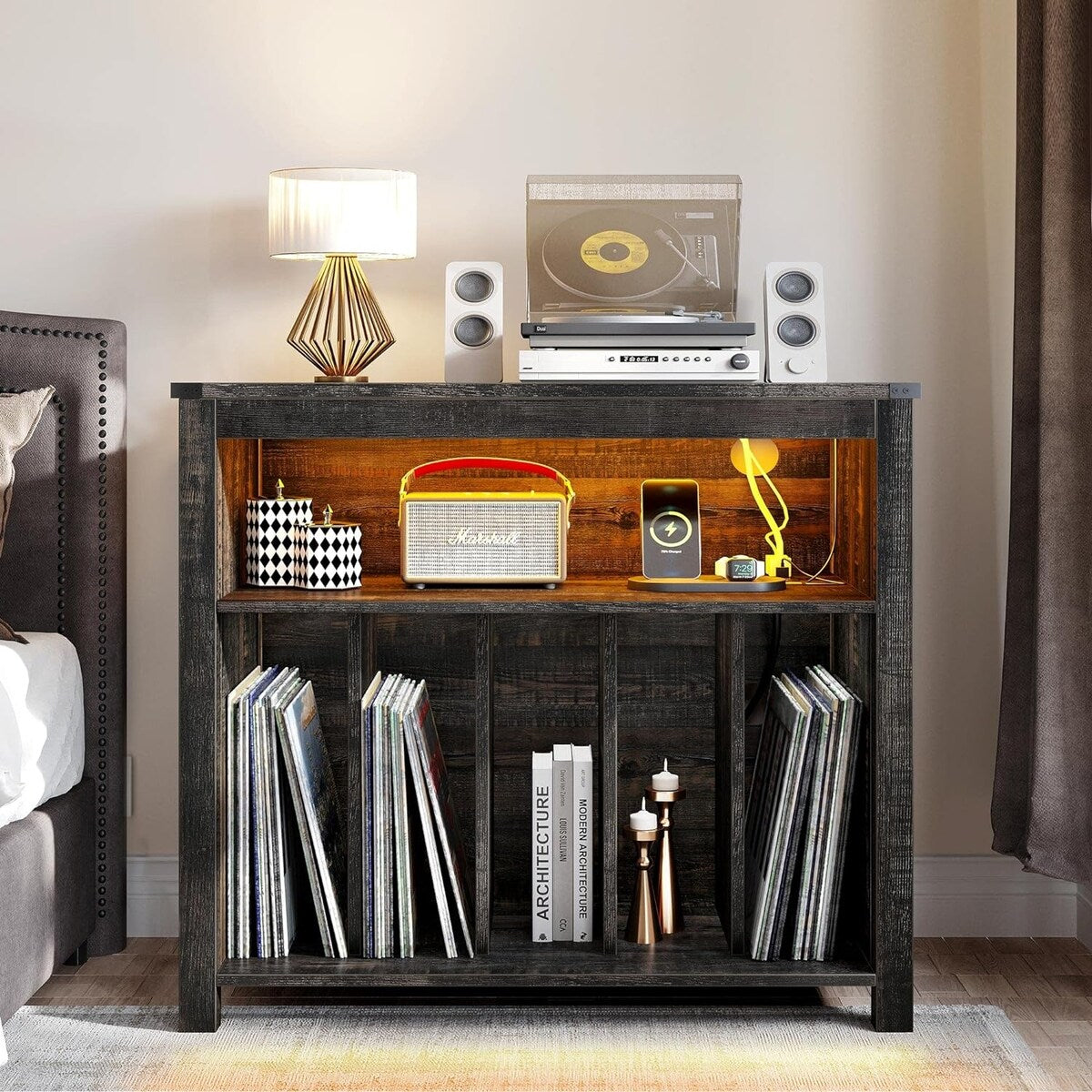 Moasis Record Player Stand, Vinyl Record Storage with Power Outlets and LED Lights, Holds Up to 130 Albums