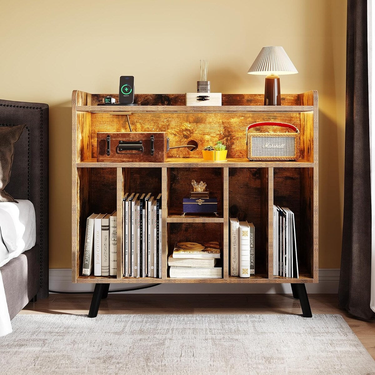 Moasis Record Player Stand, Vinyl Record Storage with Power Outlets and LED Lights, Holds Up to 130 Albums