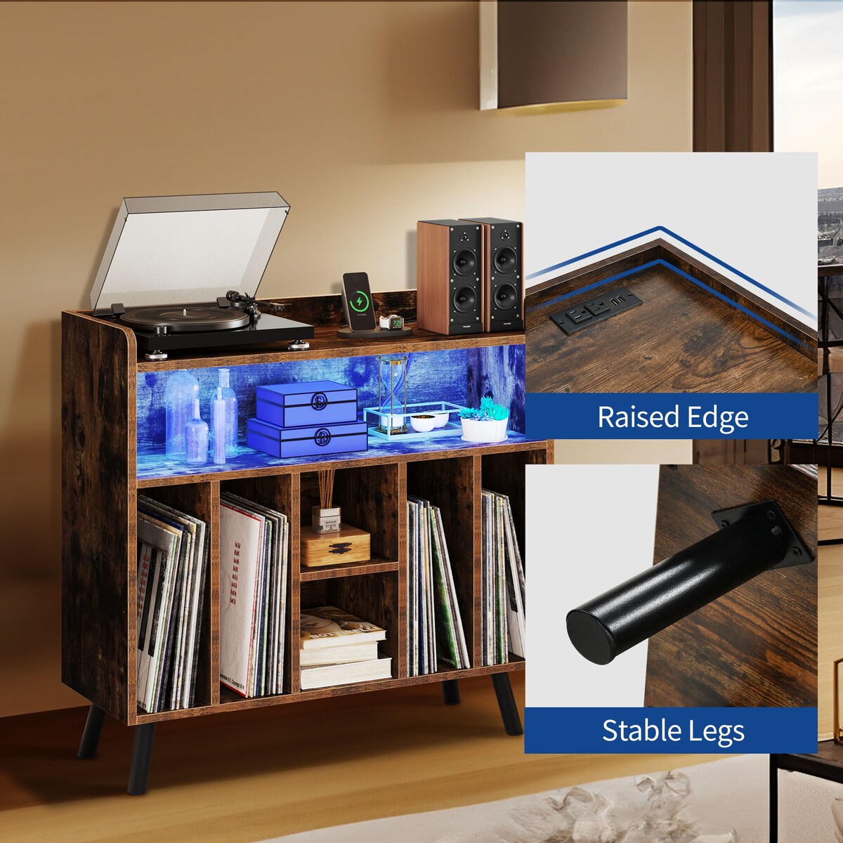 Moasis Record Player Stand, Vinyl Record Storage with Power Outlets and LED Lights, Holds Up to 130 Albums