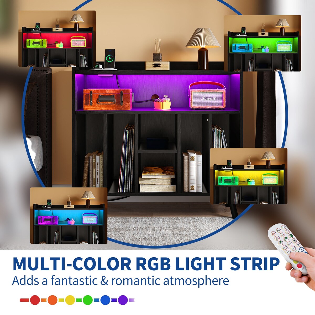 Moasis Record Player Stand, Vinyl Record Storage with Power Outlets and LED Lights, Holds Up to 130 Albums