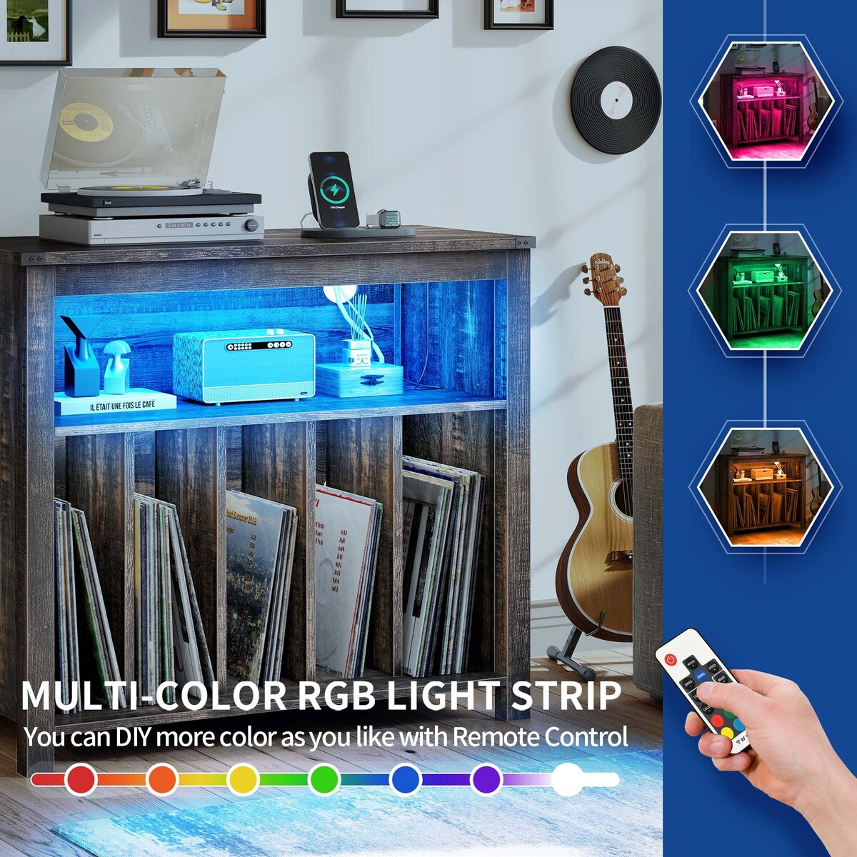 Moasis Record Player Stand, Vinyl Record Storage with Power Outlets and LED Lights, Holds Up to 130 Albums