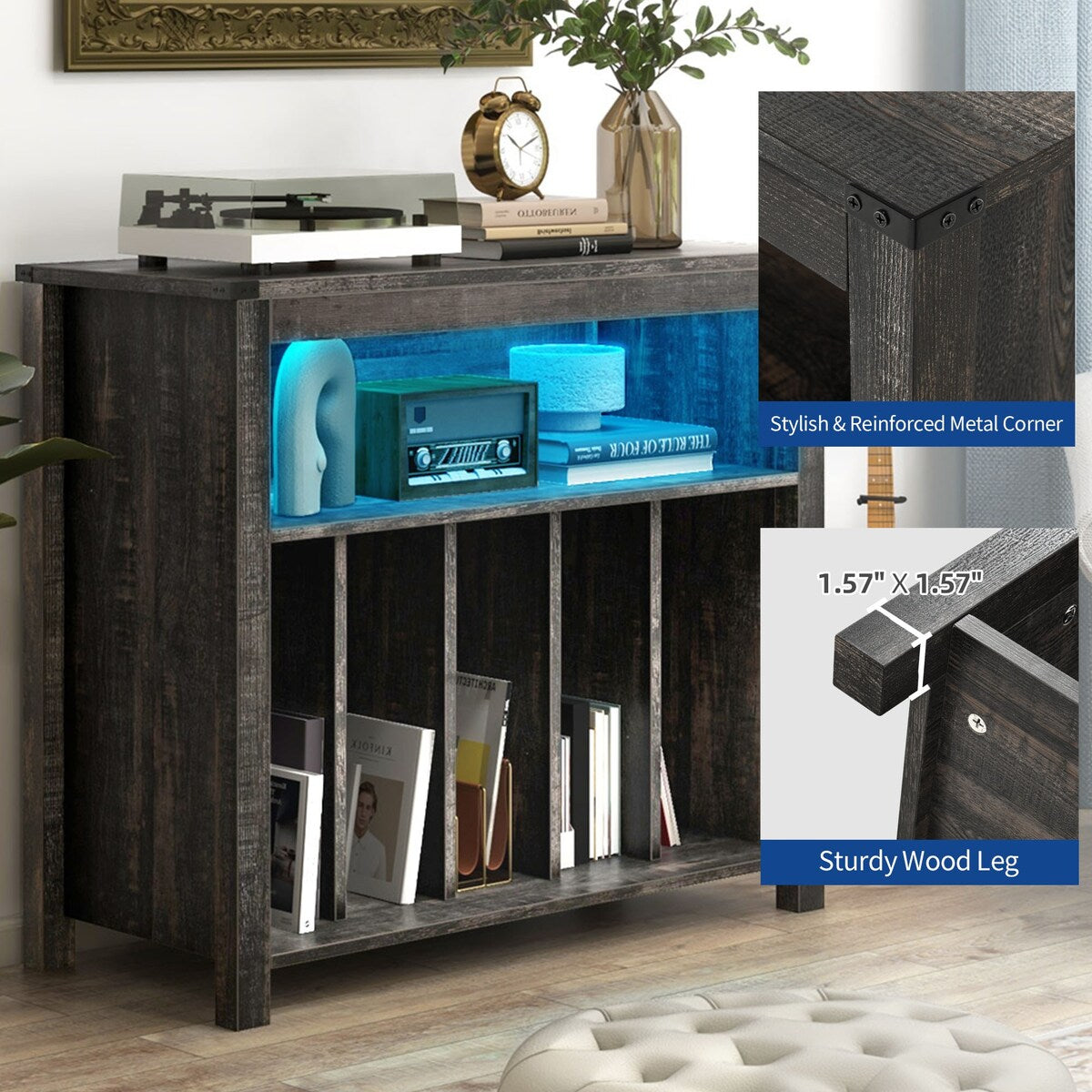 Moasis Record Player Stand, Vinyl Record Storage with Power Outlets and LED Lights, Holds Up to 130 Albums