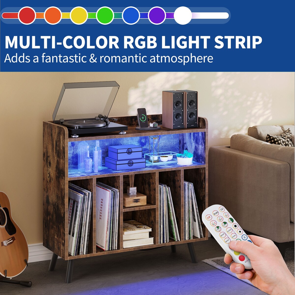 Moasis Record Player Stand, Vinyl Record Storage with Power Outlets and LED Lights, Holds Up to 130 Albums