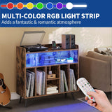 Moasis Record Player Stand, Vinyl Record Storage with Power Outlets and LED Lights, Holds Up to 130 Albums