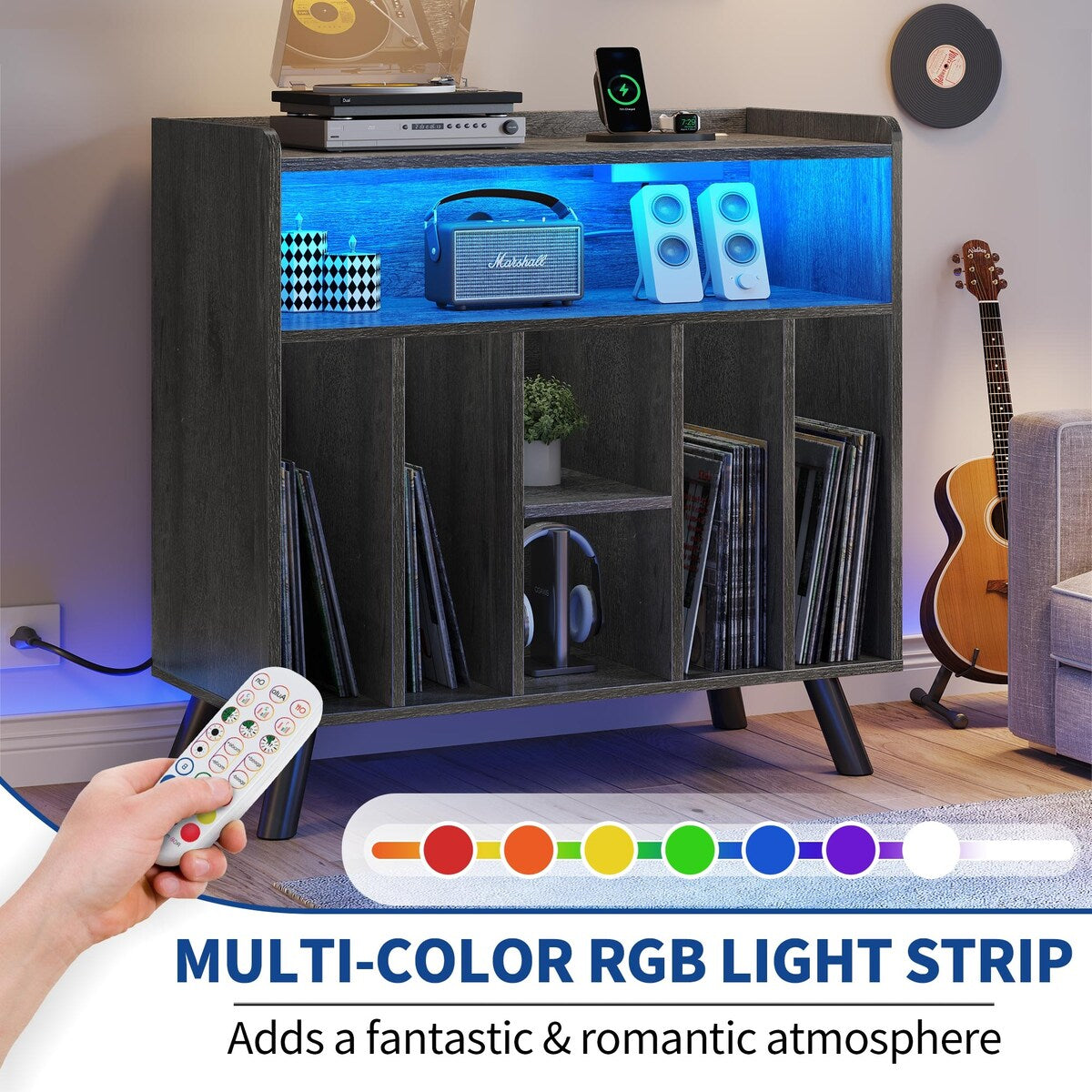 Moasis Record Player Stand, Vinyl Record Storage with Power Outlets and LED Lights, Holds Up to 130 Albums