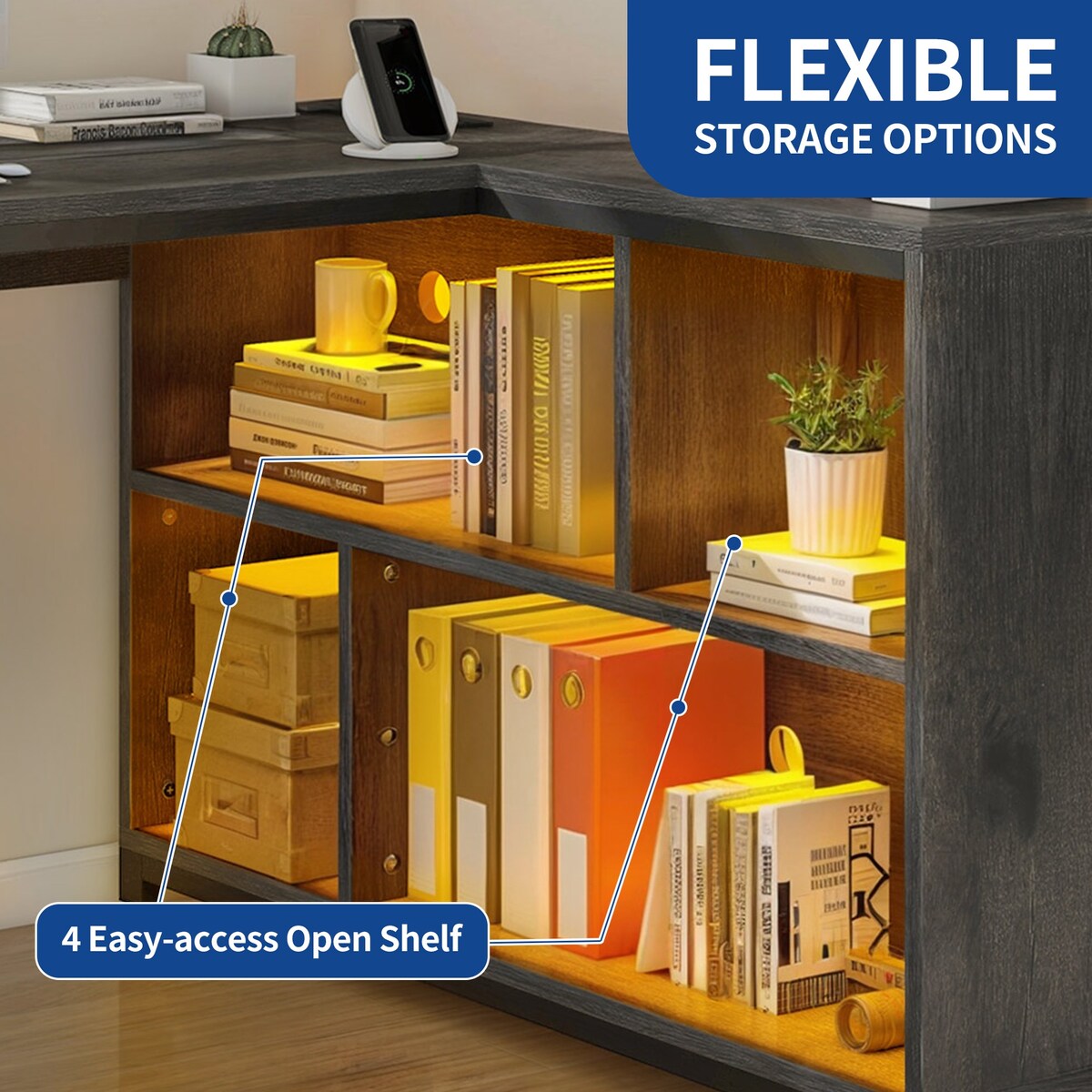 Moasis Reversible L Shaped Computer Corner Desk with Storage Shelves Built-in Power Outlets & LED Lights