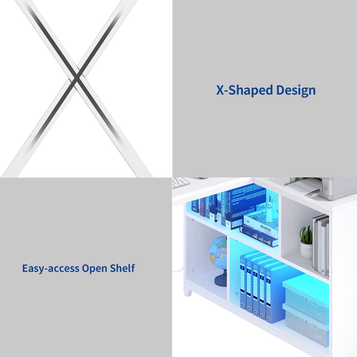 Moasis Reversible L Shaped Computer Corner Desk with Storage Shelves Built-in Power Outlets & LED Lights