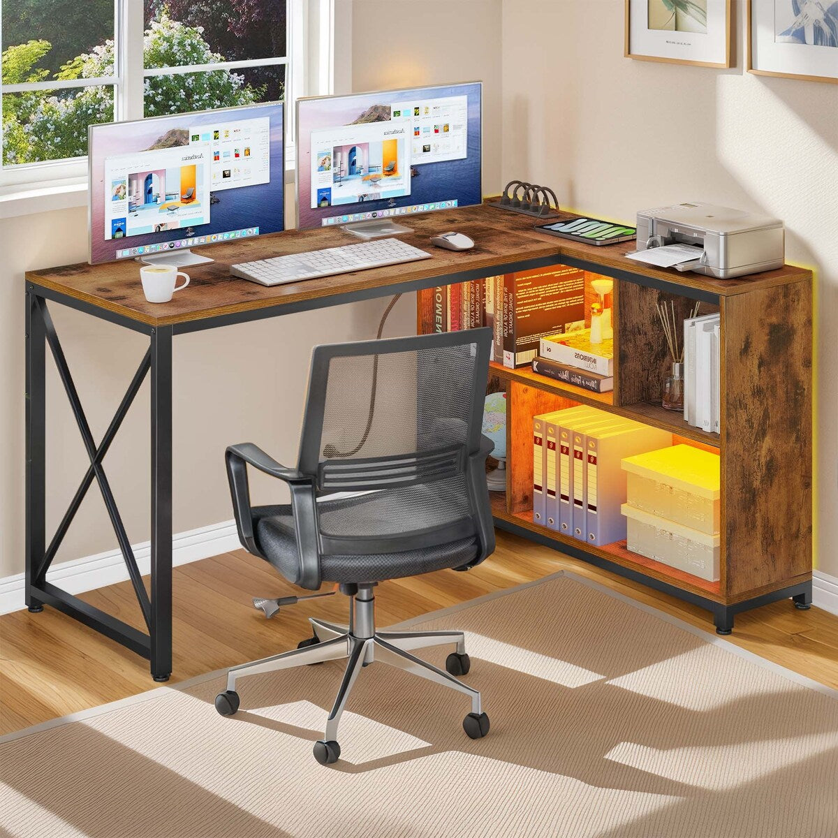 Moasis Reversible L Shaped Computer Corner Desk with Storage Shelves Built-in Power Outlets & LED Lights